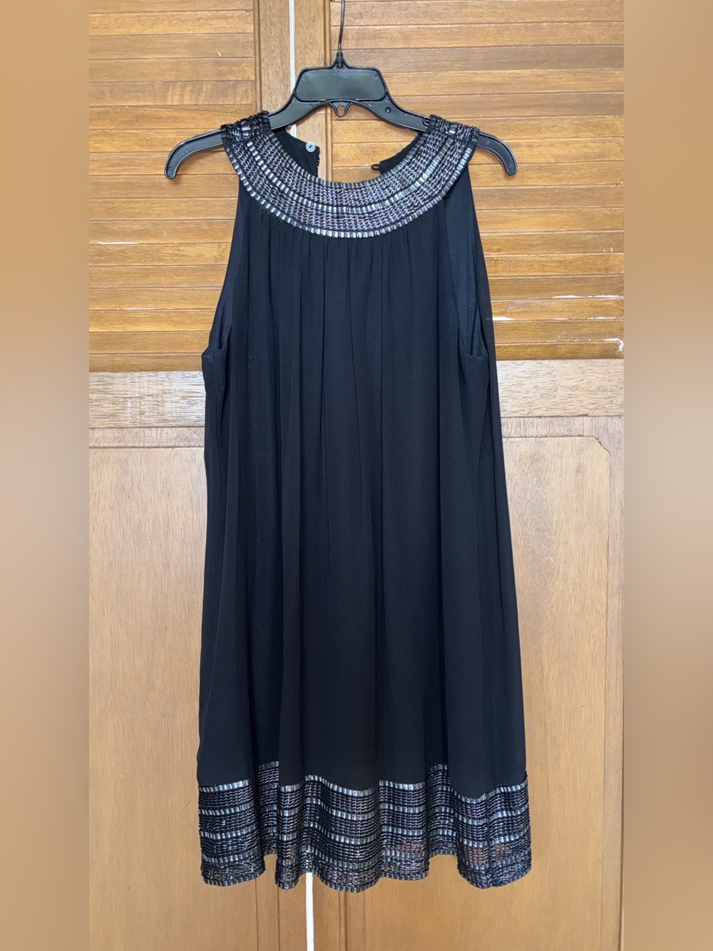 SLNY Black Sleeveless Tunic with Silver Beaded Neckline and Hem